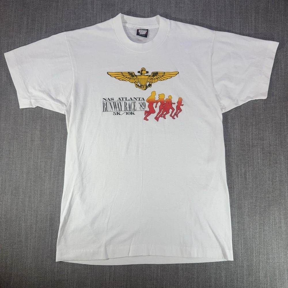 Vintage Screen Stars Best Shirt Mens Large White NAS Atlanta Runway 1989 5K 10K